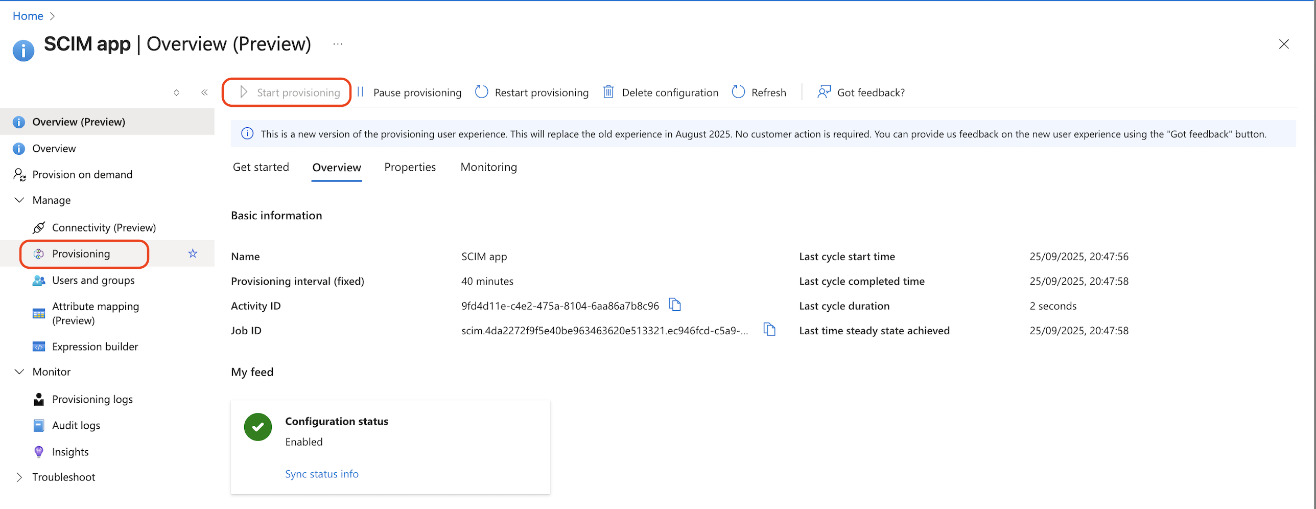 Start provisioning to synchronize users and groups.