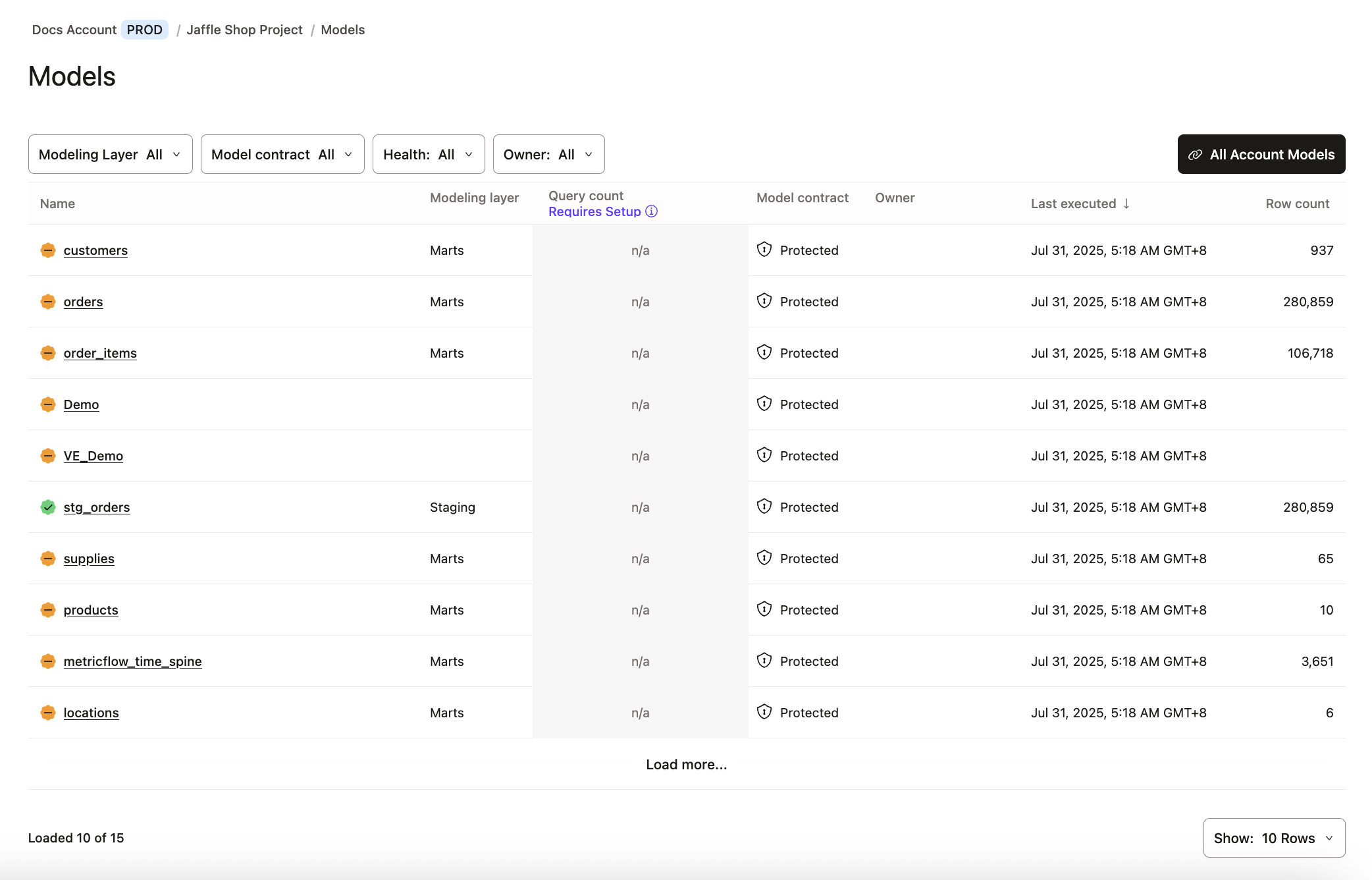 dbt Catalog's Models tab